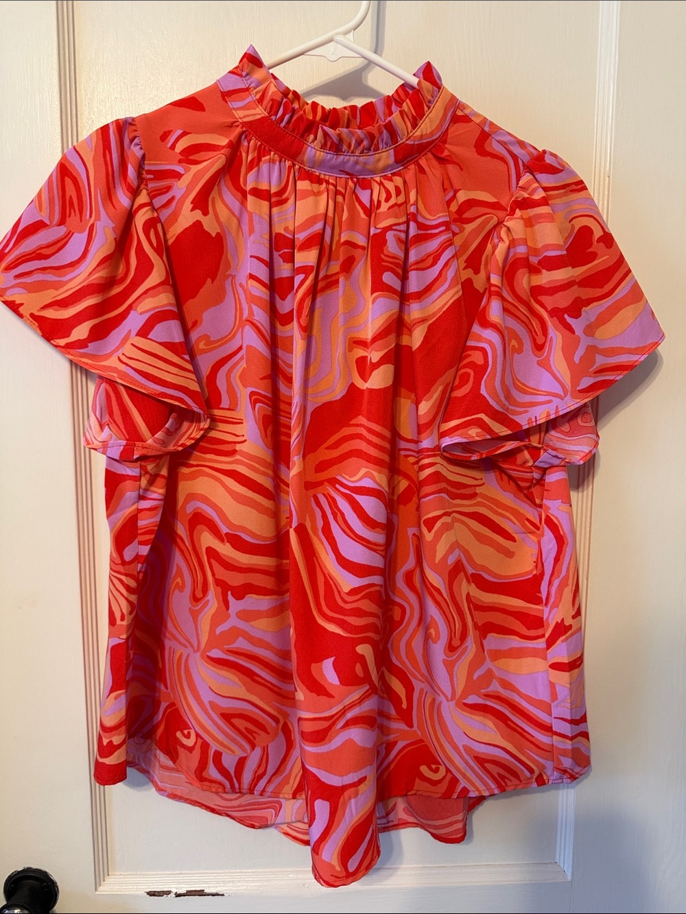 THML Palm Spring inspired Red & Pink Wave Print Ruffle Neck Blouse
